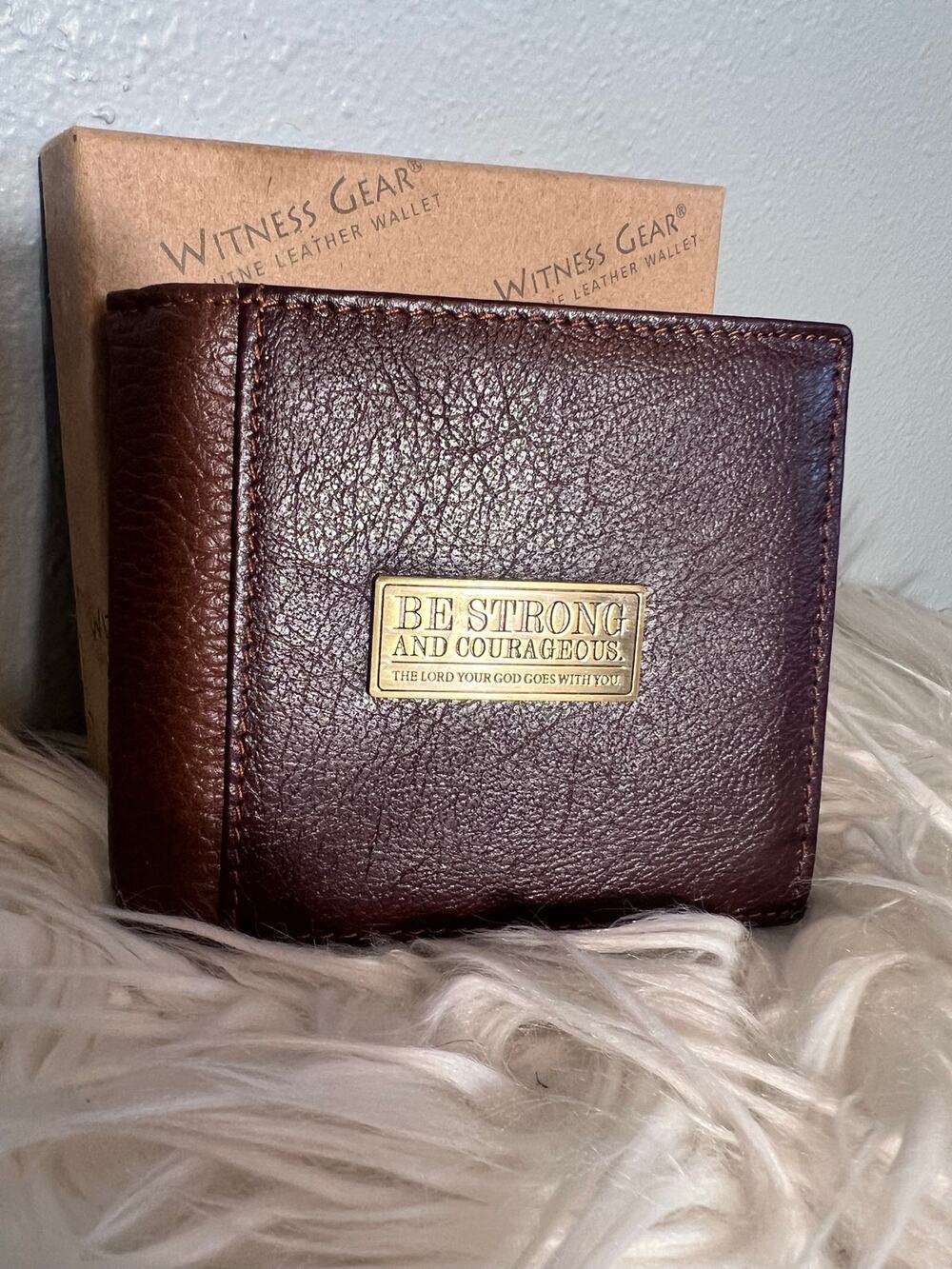Leather Christian Wallet Billfold Mens Brown Be Strong Courageous Gift Religious